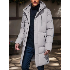 Men's grey insulated hooded parka, long winter coat in size 4XL, featuring a collar, full sleeves, and designed for warmth and protection against cold weather.