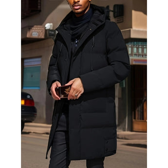 Men's insulated hooded parka in grey, featuring a long winter coat design with a hood, visible sleeves, and a structured collar.