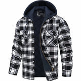 Men's black and grey plaid winter coat with quilted lining, featuring a hood, long sleeves, and a button-down front, suitable for cold weather.