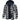 Men's black and grey plaid winter coat with quilted lining, featuring a hood, long sleeves, and a button-down front, suitable for cold weather.