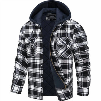Men's black and grey plaid winter coat with quilted lining, featuring a hood, long sleeves, and a button-down front, suitable for cold weather.