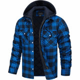 Men's blue insulated hooded plaid winter coat with quilted lining in size 5XL, featuring long sleeves and a front closure.