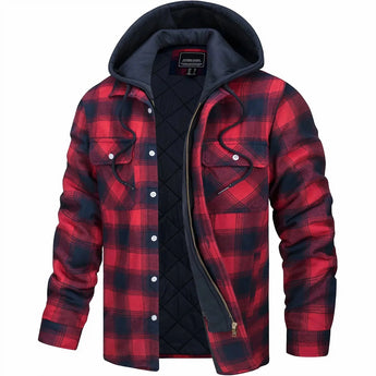 Men's 5XL red plaid winter coat with insulated hood and quilted lining, featuring tartan pattern, long sleeves, and a comfortable neck design.