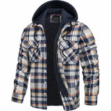 Men's beige insulated hooded plaid winter coat in size 5XL, featuring quilted lining, long sleeves, and a collar.