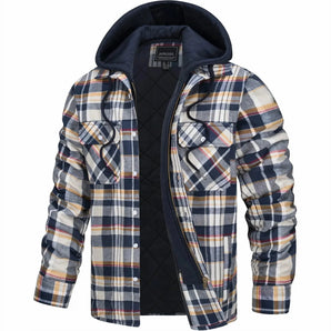 Men's beige insulated hooded plaid winter coat in size 5XL, featuring quilted lining, long sleeves, and a collar.