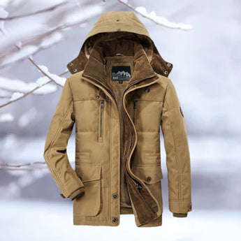 Men's insulated hooded winter jacket in khaki, 7XL, thermal quilted parka with sleeves, collar, and snow-resistant material.