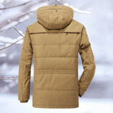 Men's brown insulated hooded winter jacket with thermal quilted design, snow-resistant, featuring a fur-lined collar and sleeves.