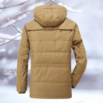Men's brown insulated hooded winter jacket with thermal quilted design, snow-resistant, featuring a fur-lined collar and sleeves.
