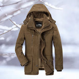 Men's insulated brown hooded winter jacket, thermal quilted parka, 7XL, snow resistant with long sleeves and collar.