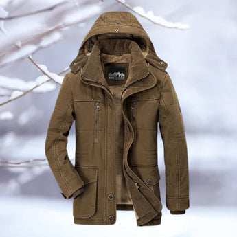 Men's insulated brown hooded winter jacket, thermal quilted parka, 7XL, snow resistant with long sleeves and collar.