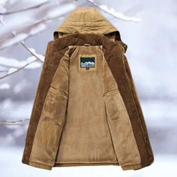 Men's insulated hooded winter jacket in brown with thermal quilted design, featuring snow-resistant fabric, long sleeves, and a high collar.