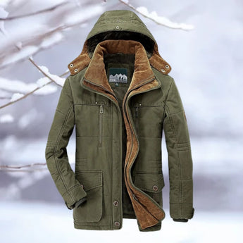 Men's insulated hooded winter jacket in army green, thermal quilted parka, snow resistant, size 7XL, with fur-lined collar and sleeves.