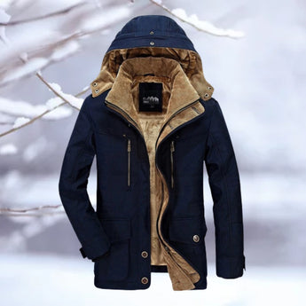 Men's insulated hooded winter jacket in blue, thermal quilted parka, snow resistant, with long sleeves and collar, size 7XL.
