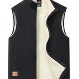 Men's sleeveless navy blue fleece vest with sherpa lining, designed for winter wear. Features a collar and zipper closure, ideal for layering over long-sleeve shirts and jerseys.