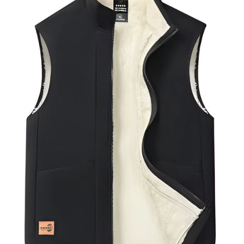 Men's sleeveless navy blue fleece vest with sherpa lining, designed for winter wear. Features a collar and zipper closure, ideal for layering over long-sleeve shirts and jerseys.