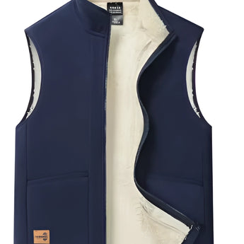 Men's insulated navy blue fleece vest with sherpa lining, featuring a sleeveless design, collar, and comfortable fit, suitable for winter wear; displayed in a dark blue color and size 6XL.