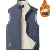 Men's navy blue fleece vest with sherpa lining, designed for winter wear, featuring a sleeveless cut, stand-up collar, and front zipper closure.