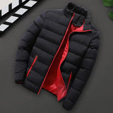 Men's insulated navy puffer jacket with long sleeves, shown in a black color and size 5XL, displayed on a car seat with visible automotive elements in the background.