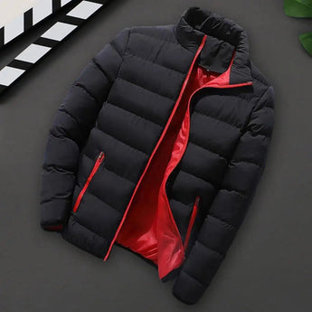 Men's insulated navy puffer jacket with long sleeves, shown in a black color and size 5XL, displayed on a car seat with visible automotive elements in the background.