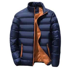Men's insulated navy blue puffer jacket in size 5XL, featuring a lightweight and water-resistant design with a high neck collar and long sleeves.