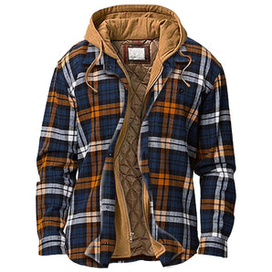 Men's blue insulated plaid flannel jacket with a detachable hood in size 3XL, featuring orange and blue tartan pattern, long sleeves, and a collared design.