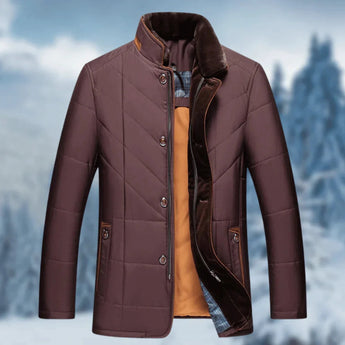 Men's red insulated quilted thermal waterproof winter coat with fur collar in size 2XL.