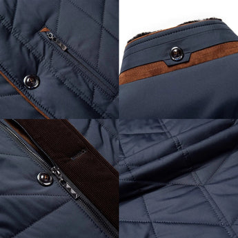 Men's insulated quilted thermal waterproof winter coat with fur collar, grey color, featuring long sleeves and button closure.
