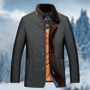 Men's black insulated quilted thermal waterproof winter coat with fur collar, size 2XL, featuring long sleeves and a formal design.