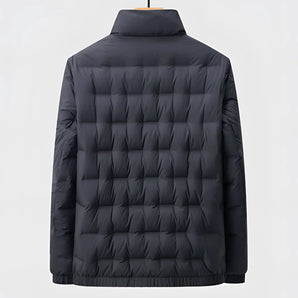 Men's lightweight insulated quilted winter jacket with a water-resistant exterior, featuring long sleeves and a high collar.