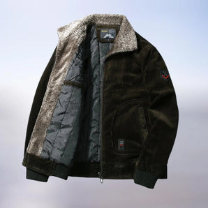 Men's insulated sherpa corduroy jacket in dark green, featuring long sleeves, a collar, and a cozy interior suitable for winter. Designed for luxury outerwear in size 4XL.