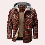 Men's insulated sherpa-lined plaid flannel jacket in coffee color, size XL, featuring a classic tartan pattern with long sleeves, a button-up front, and a collar, perfect for cozy winter wear.