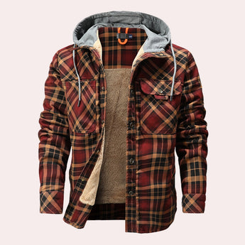 Men's insulated sherpa-lined plaid flannel jacket in coffee color, size XL, featuring a classic tartan pattern with long sleeves, a button-up front, and a collar, perfect for cozy winter wear.