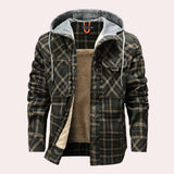 Men's insulated sherpa-lined plaid flannel jacket in green, size XL, featuring a tartan pattern with a collar and long sleeves, designed for cozy winter wear.