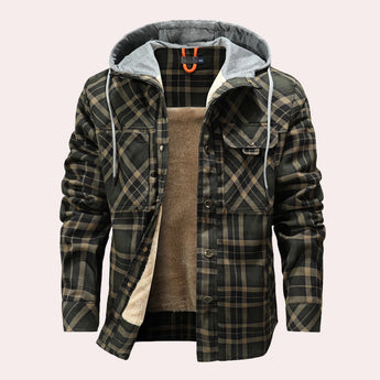 Men's insulated sherpa-lined plaid flannel jacket in green, size XL, featuring a tartan pattern with a collar and long sleeves, designed for cozy winter wear.