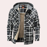 Men's black plaid flannel jacket with sherpa lining, featuring long sleeves, a collar, and a button-down front in size XL.
