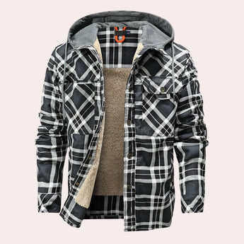 Men's black plaid flannel jacket with sherpa lining, featuring long sleeves, a collar, and a button-down front in size XL.