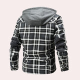 Men's insulated sherpa-lined plaid flannel jacket in a grey tartan pattern with a collar and sleeves, designed for cozy winter wear.