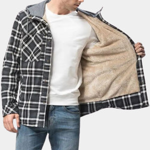 Men's insulated sherpa-lined plaid flannel jacket in grey with a classic tartan pattern, featuring long sleeves and a cozy lining for winter wear.