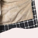 Men's insulated plaid flannel jacket with a sherpa lining featuring a grey and beige tartan pattern, long sleeves, and a collar.
