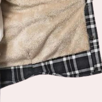Men's insulated plaid flannel jacket with a sherpa lining featuring a grey and beige tartan pattern, long sleeves, and a collar.