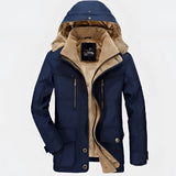 Men's blue insulated waterproof hooded parka in size 4XL, featuring a fleece lining and designed for winter wear, highlighting the jacket's collar, sleeves, and overall structure.