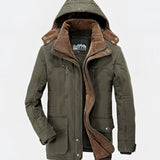 Men's green insulated waterproof hooded parka in size 4XL, featuring a fleece-lined interior, long sleeves, and a high collar designed for winter weather protection.