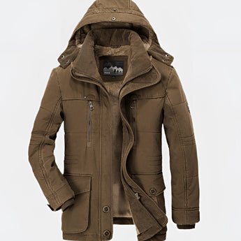 Men's insulated waterproof hooded parka in coffee color, fleece-lined winter jacket, size 4XL, featuring a brown exterior with grey and beige accents, long sleeves, and a high collar.