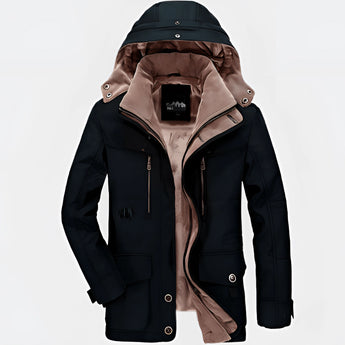 Men's black insulated waterproof hooded parka in size 4XL, featuring a fleece-lined interior, visible collar, long sleeves, and front pockets.