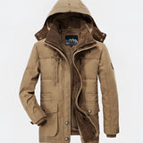 Men's khaki insulated waterproof hooded parka in 4XL, featuring a fleece lining, long sleeves, and a high collar.
