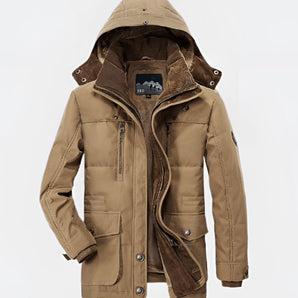 Men's khaki insulated waterproof hooded parka in 4XL, featuring a fleece lining, long sleeves, and a high collar.