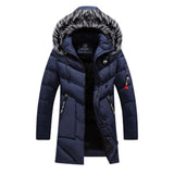 Men's dark blue insulated waterproof parka with fur-lined collar, long sleeves, and a stylish winter jacket design.