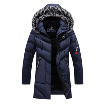 Men's dark blue insulated waterproof parka with fur-lined collar, long sleeves, and a stylish winter jacket design.
