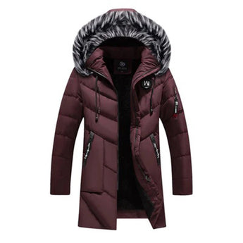 Men's red insulated waterproof parka with fur-lined collar, designed as a winter jacket in size 3XL.