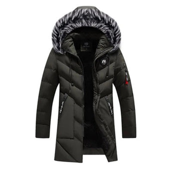 Men's green insulated waterproof parka with fur-lined hood, featuring long sleeves and a high collar, shown in size 3XL.